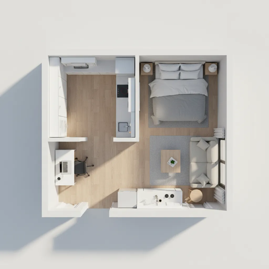 floor layout planning of a 250 square feet studio with furniture placement