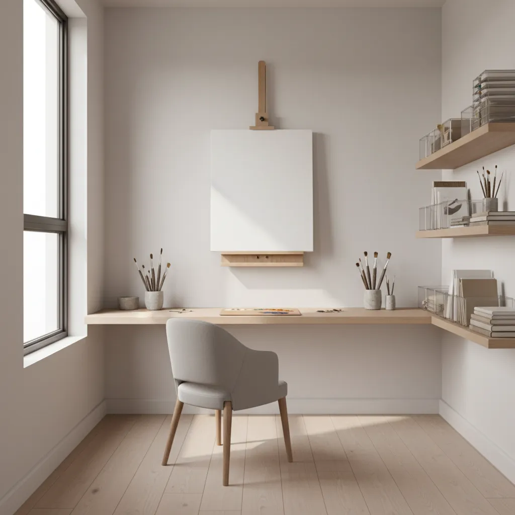 small apartment art studio with a DIY wall mounted easel setup