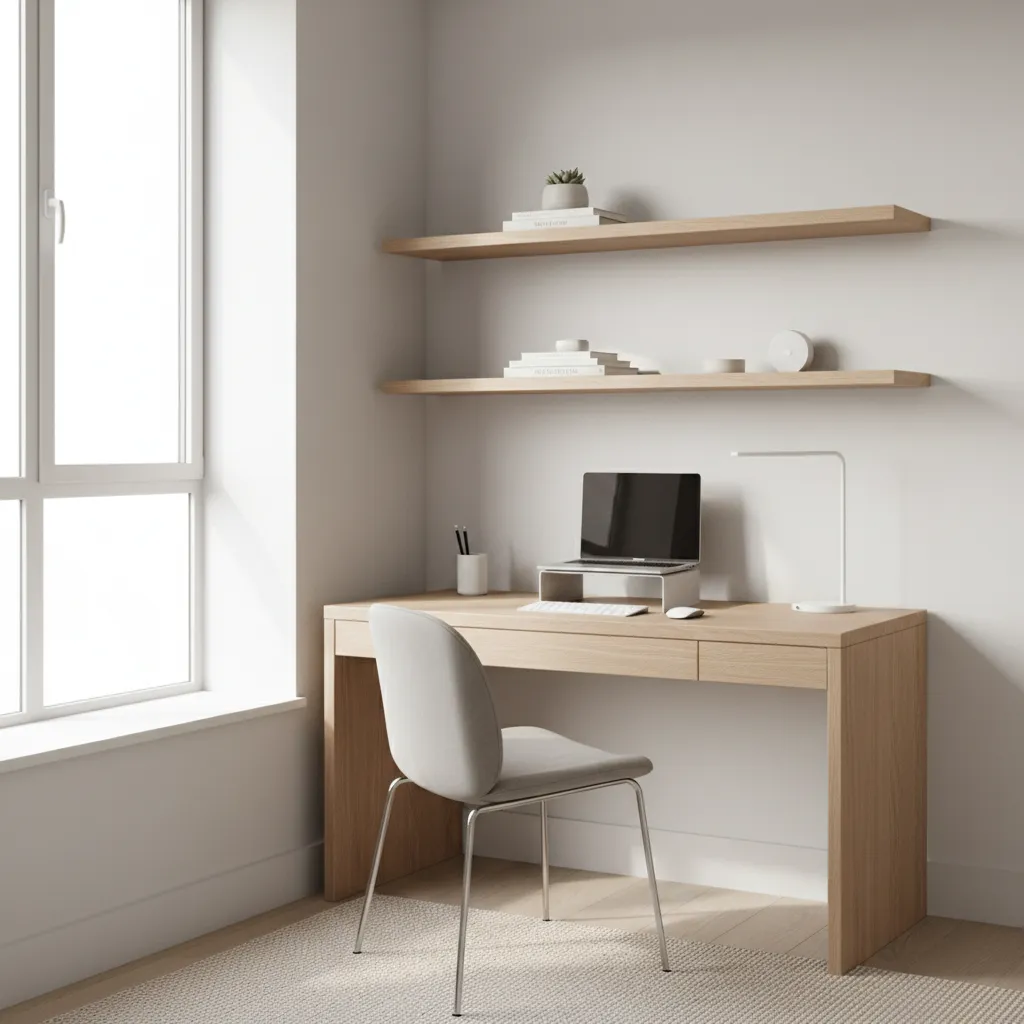compact modern study room with desk shelves and chair in a small apartment