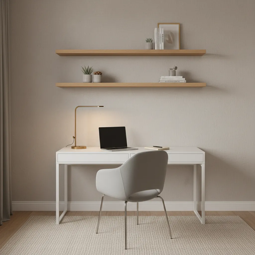 Small study room desk placed against wall with shelving above