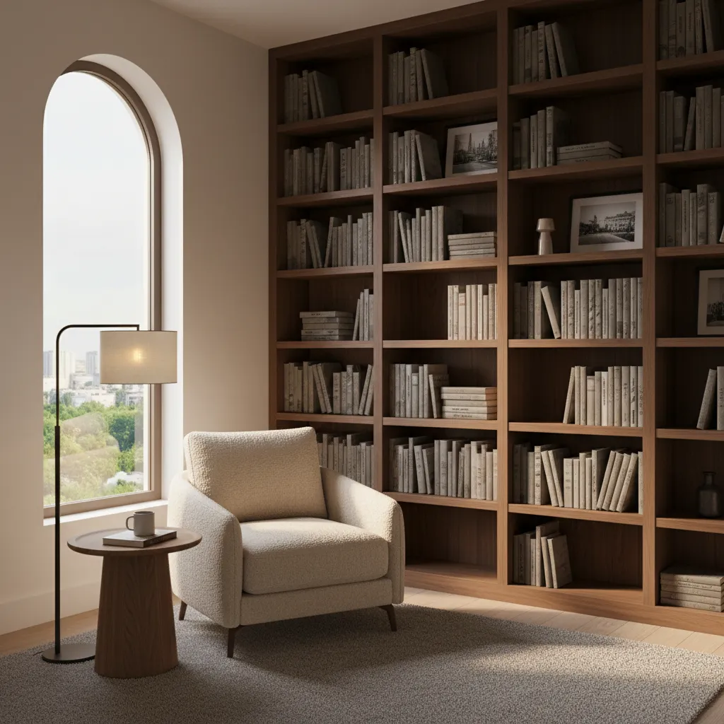 Compact study room layout with reading chair and wall shelving