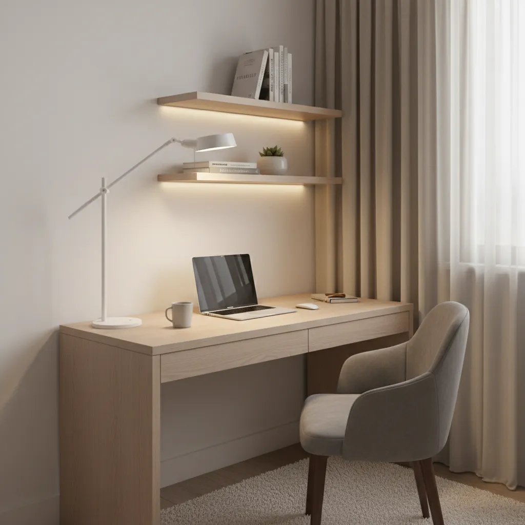 Small study desk with task lamp and LED shelf lighting