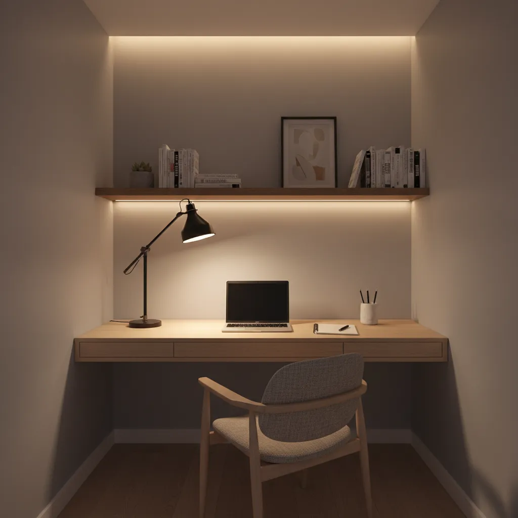 Small study room with layered lighting desk lamp and shelf lighting