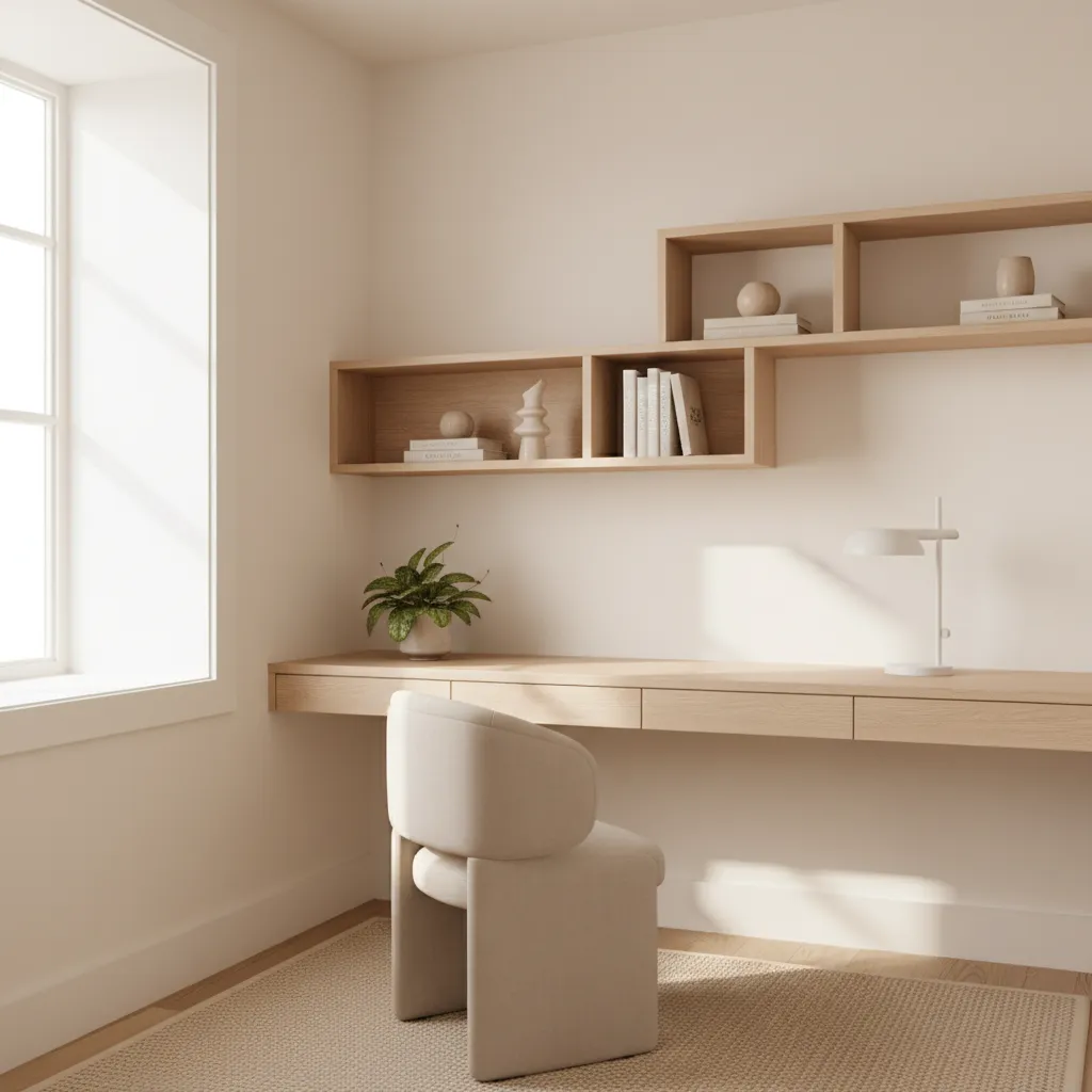 Small study room with warm neutral walls and compact desk layout