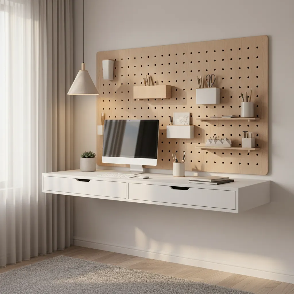 Small study room with pegboard storage and organized desk