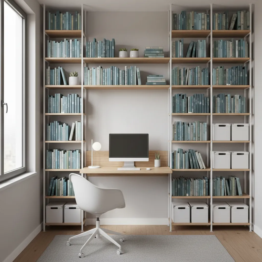 small study room with wall mounted desk and vertical storage shelves
