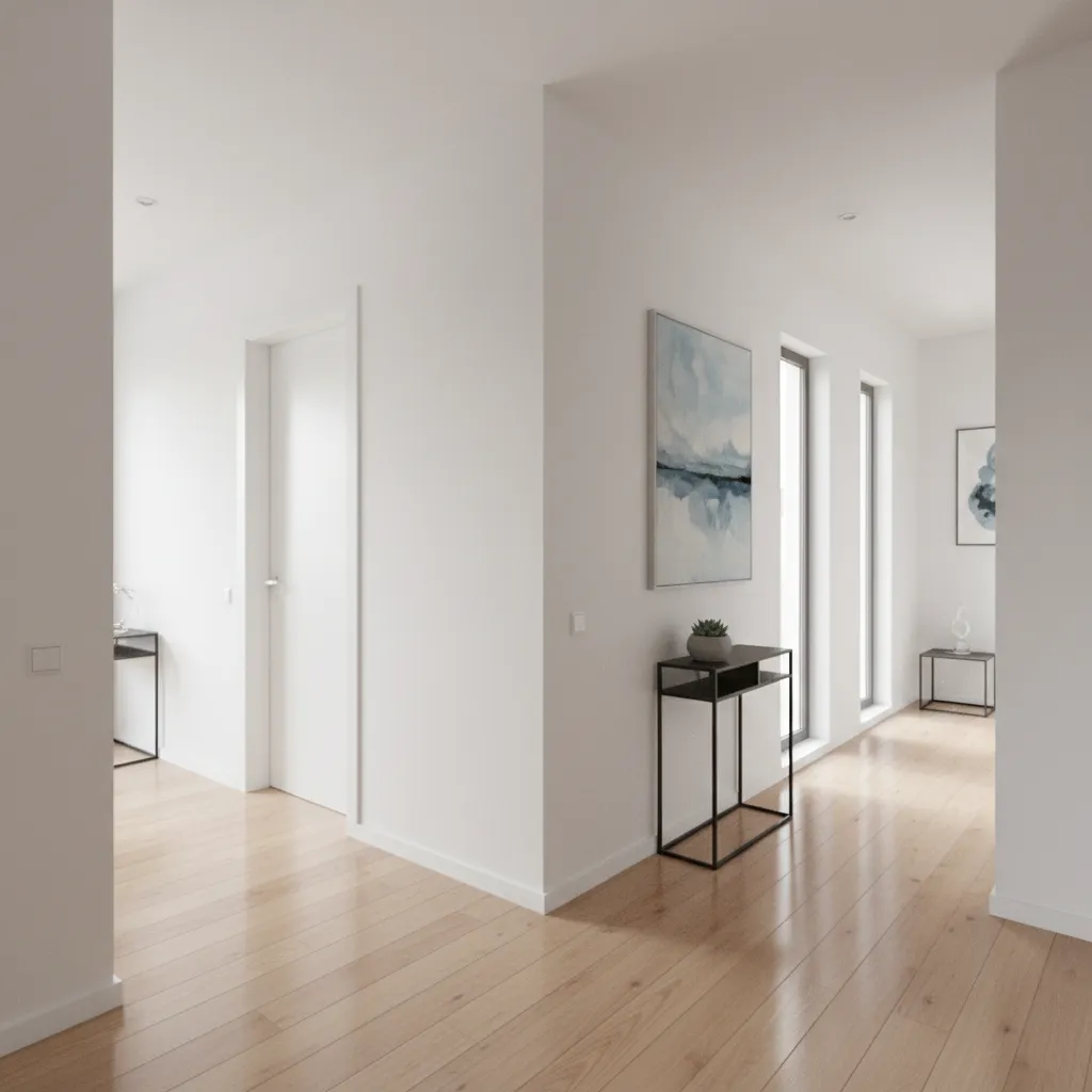 Interior perspective showing hallway intersection of a T shaped home