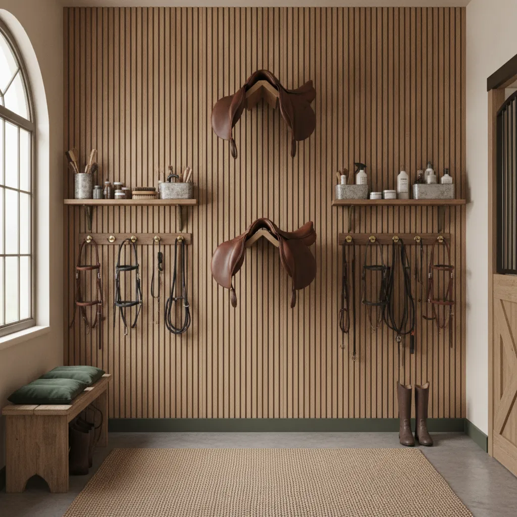 small tack room with vertical wall storage saddle racks and bridle hooks