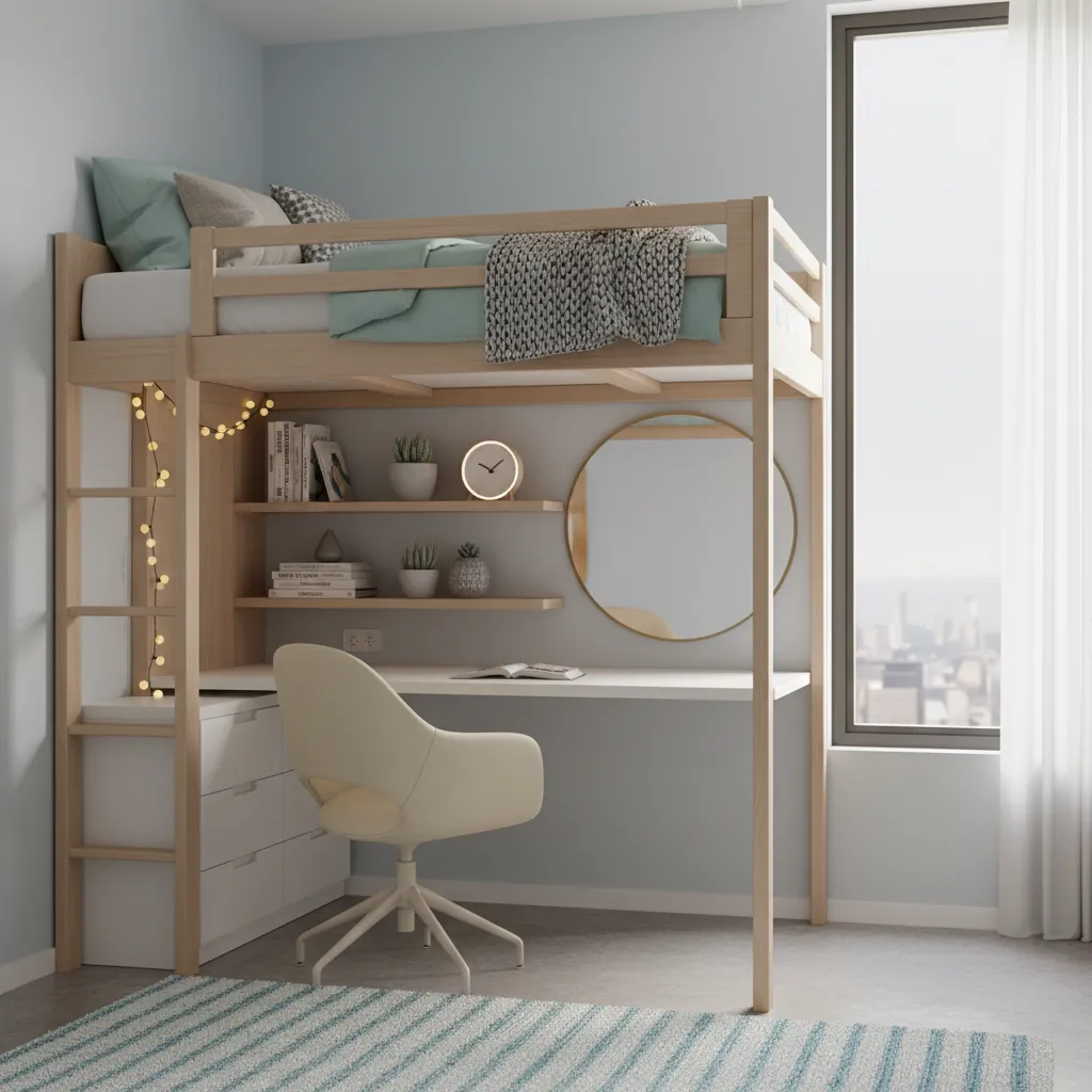 small teenage girl bedroom with loft bed and space saving layout