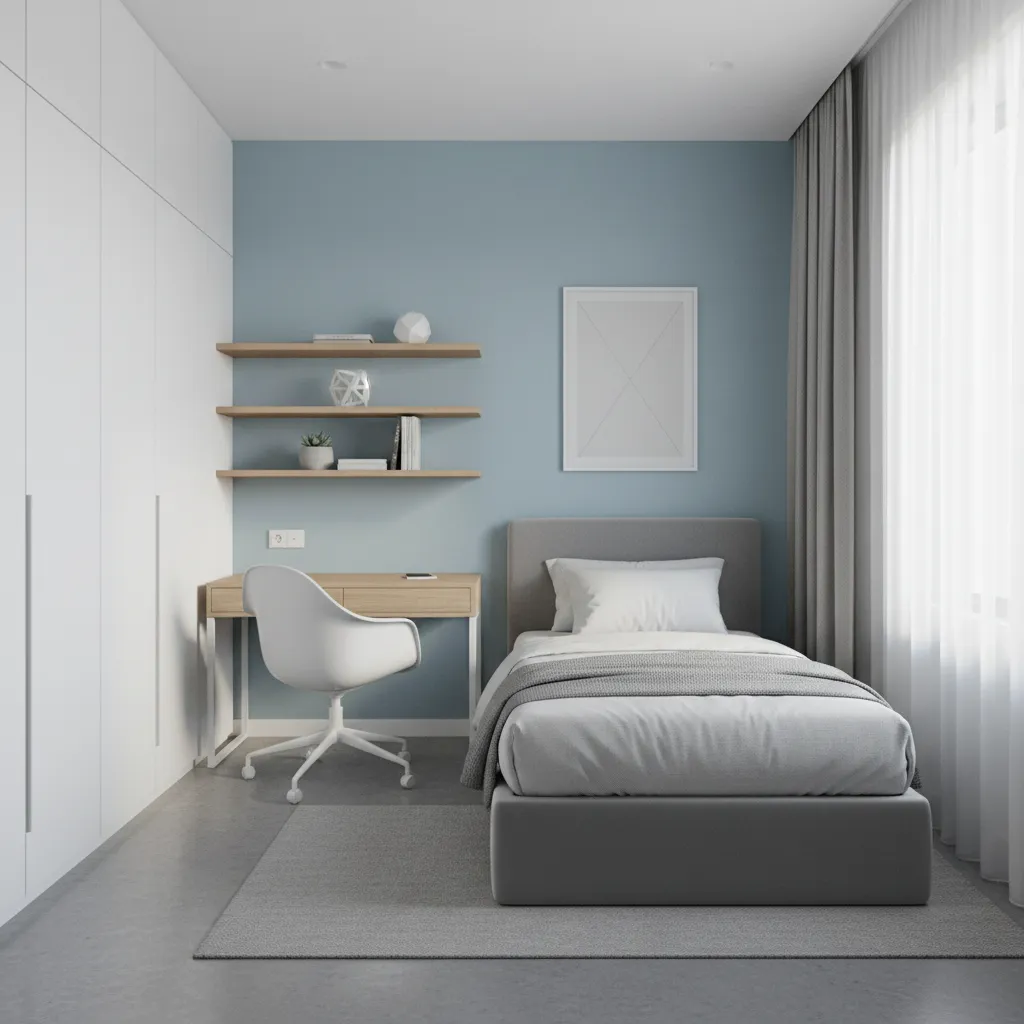 Compact teenage bedroom layout with bed desk and storage