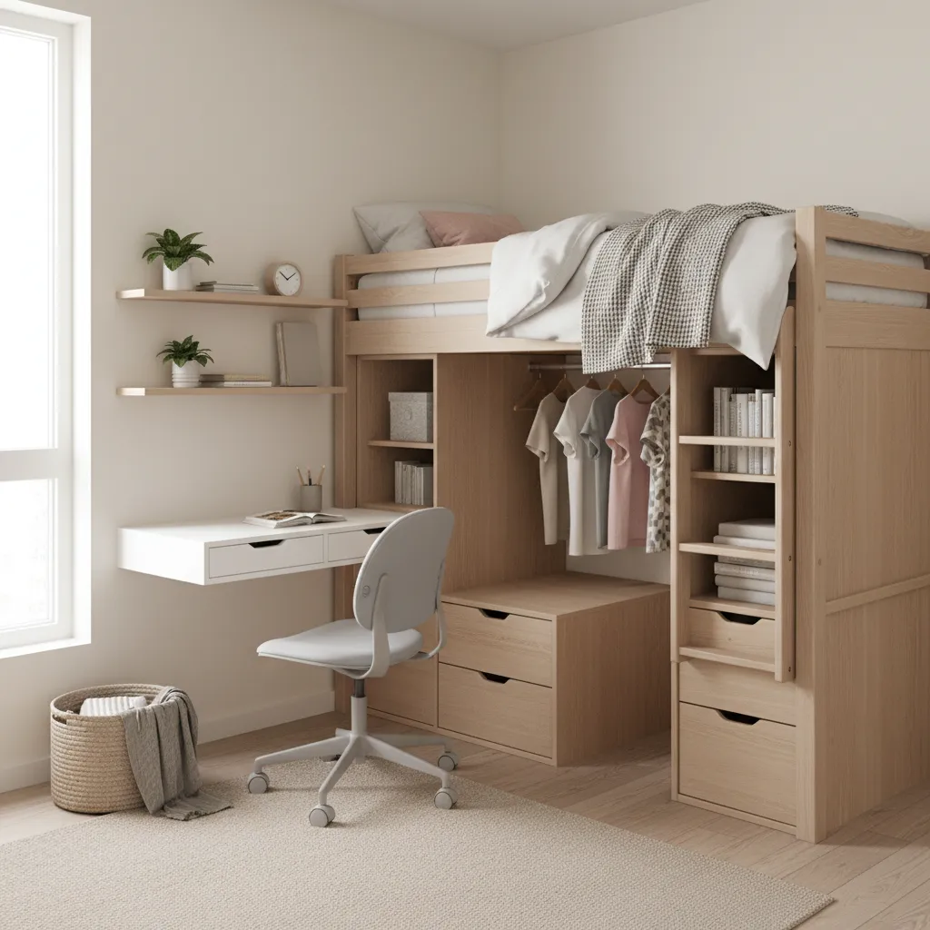 Small teenage girl bedroom with loft bed and vertical storage
