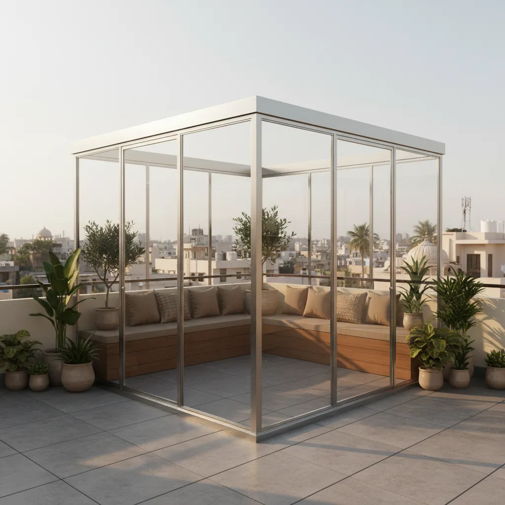 Small terrace 10x10 glass room design in an Indian home with plants and seating