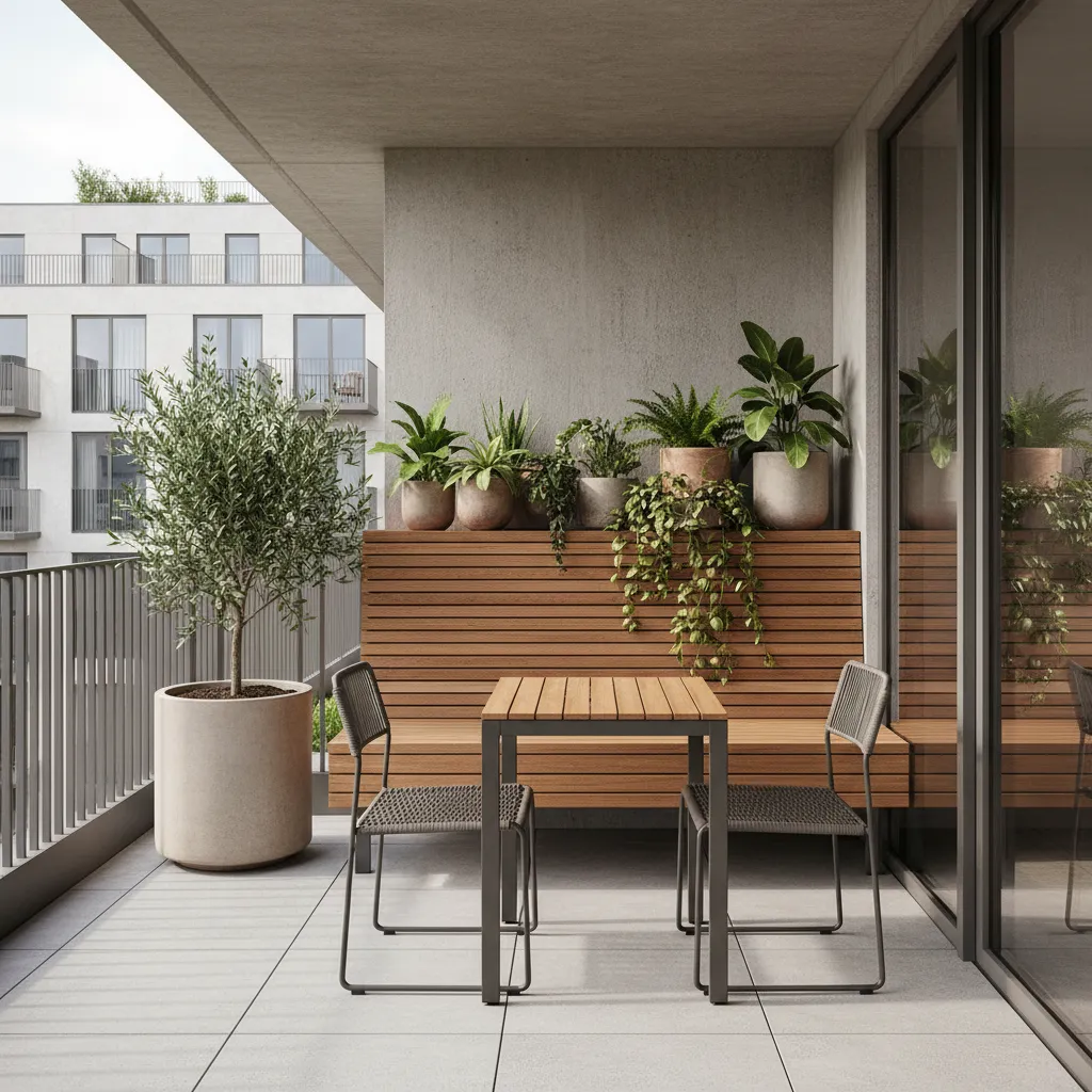 distribución funcional de una terraza pequeña con banco y plantas