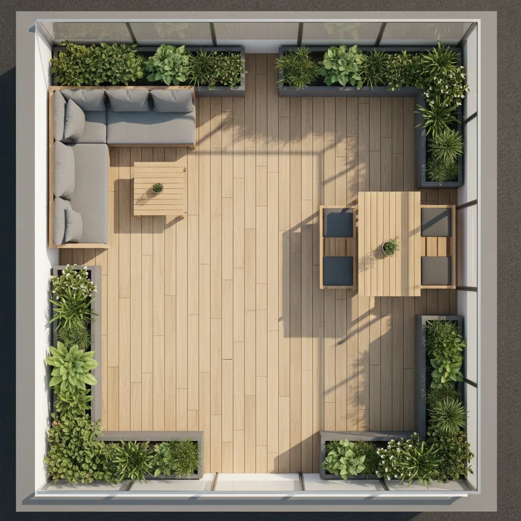 Compact rooftop terrace layout showing lounge and dining zones