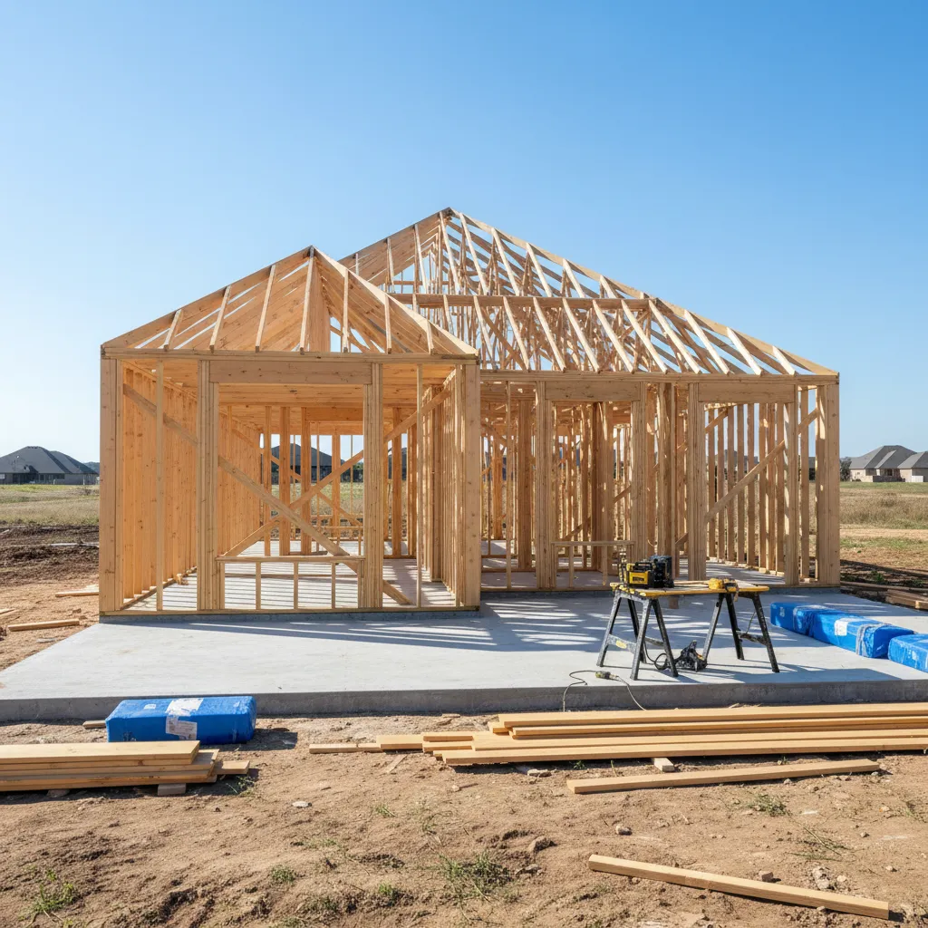 framing stage of a small 1300 sq ft Texas home build
