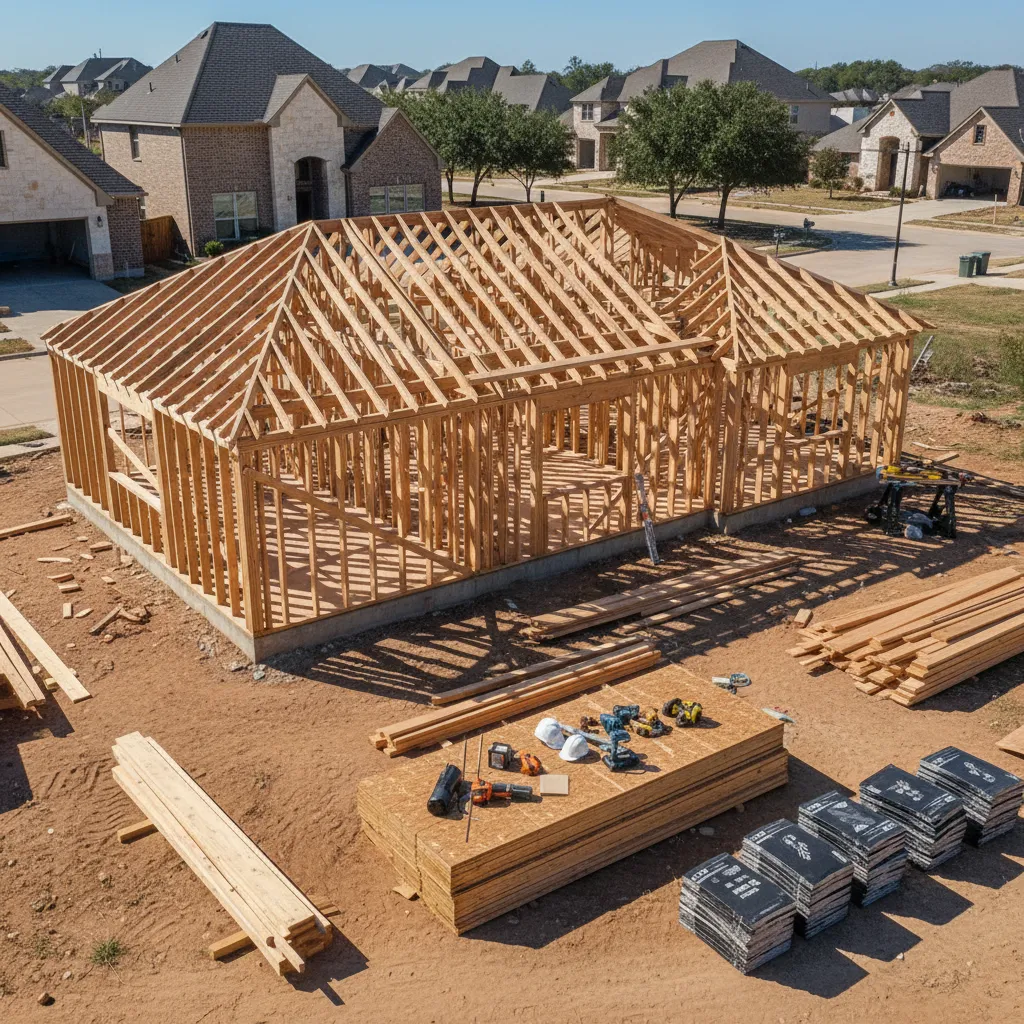 Wood frame structure of a small house being built in Texas residential development