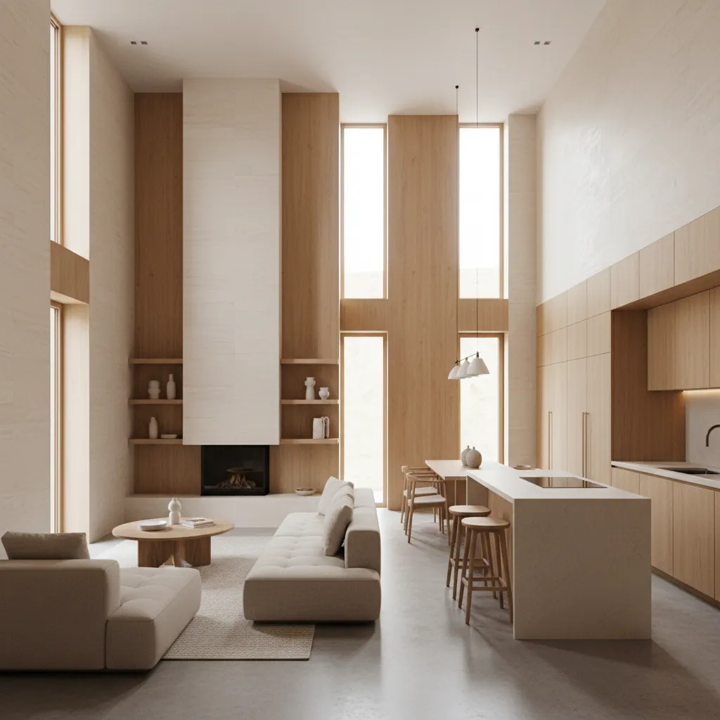 Modern open living room with tall fireplace wood wall panels beige sofa and kitchen island