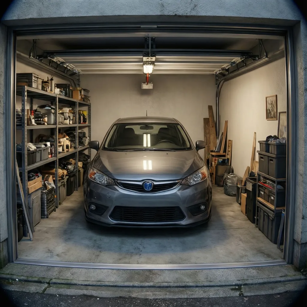 Compact garage inside narrow townhouse with car parked
