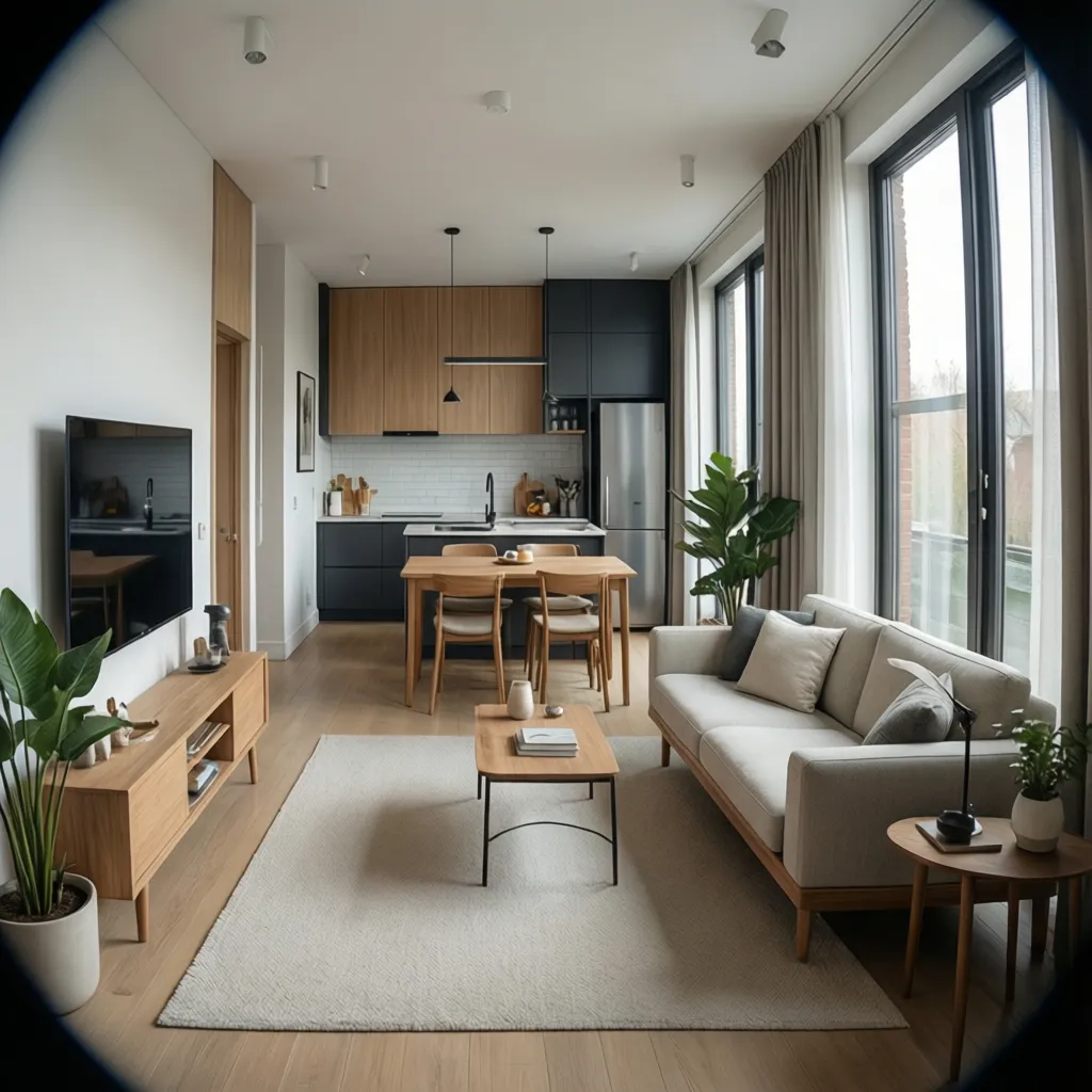 Modern living room with beige sofa wood coffee table dining area kitchen and large windows