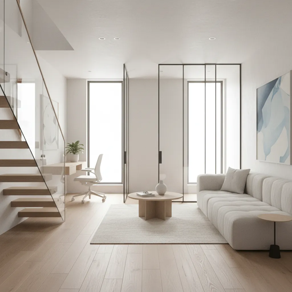 Minimalist living room with white sofa wooden coffee table home office desk and glass stairs