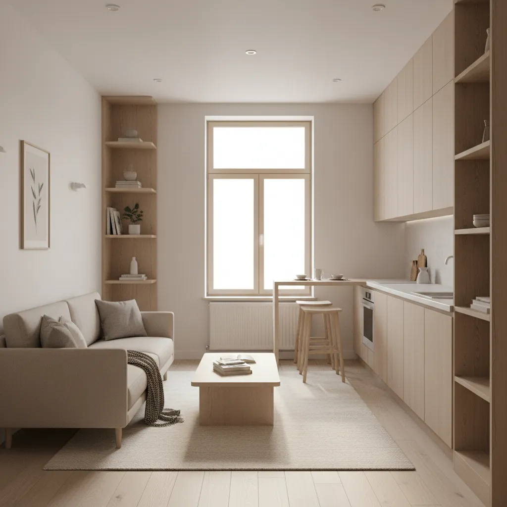 Minimalist studio apartment interior with beige sofa coffee table wood cabinets and bright natural window