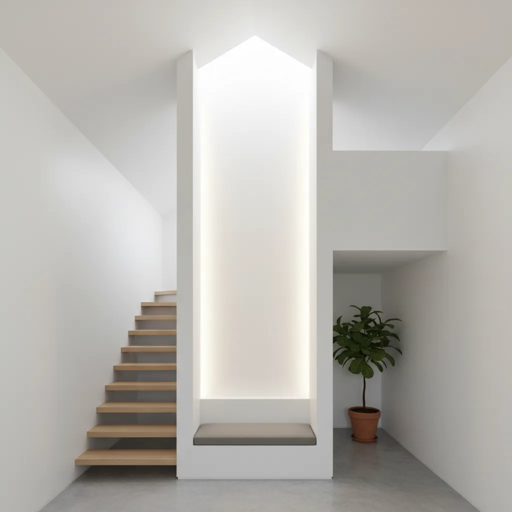 Modern white room with wooden stairs grey bench seat green potted plant and bright light