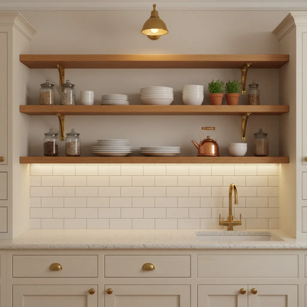 Traditional small kitchen with wood open shelves and light cabinets