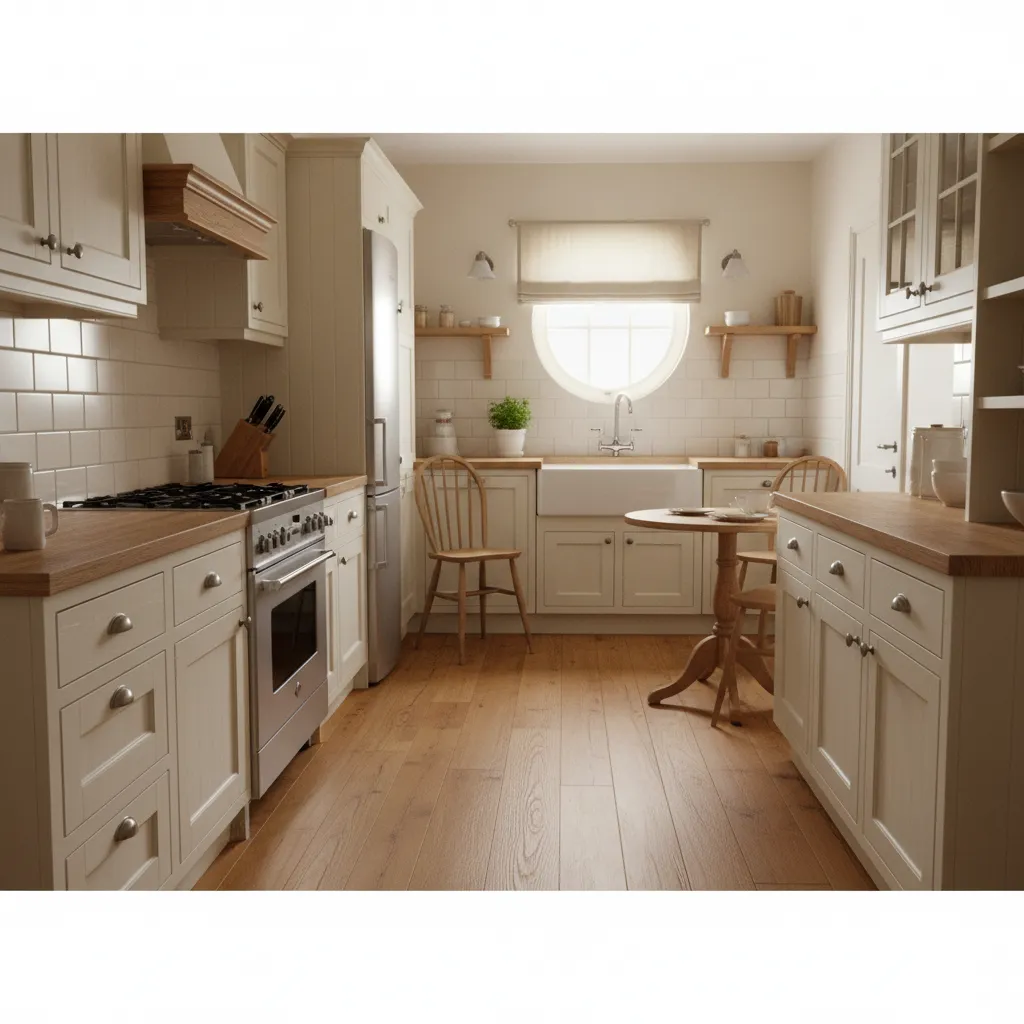Compact traditional kitchen with light cabinets and natural lighting