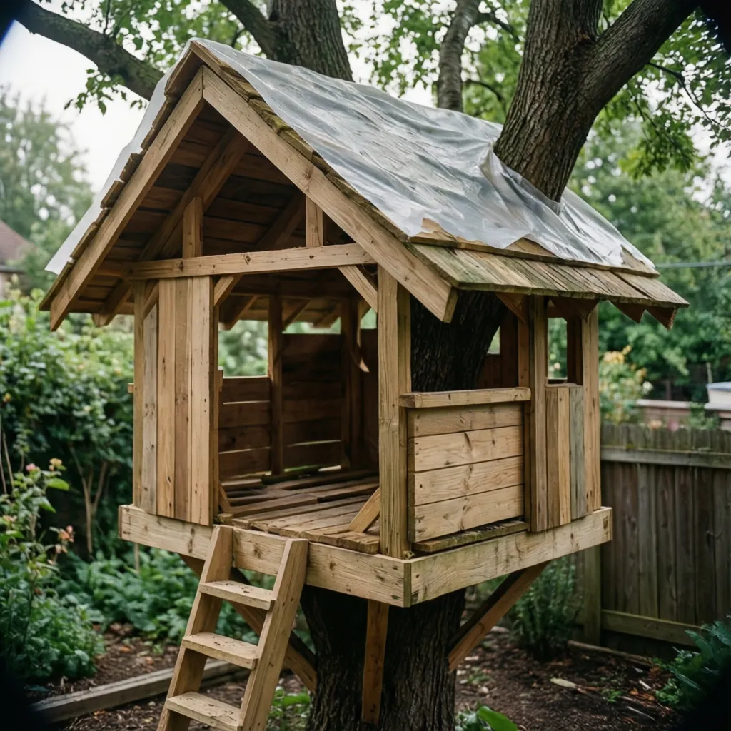 Wooden treehouse with peaked roof and ladder built around a large green leafy tree trunk