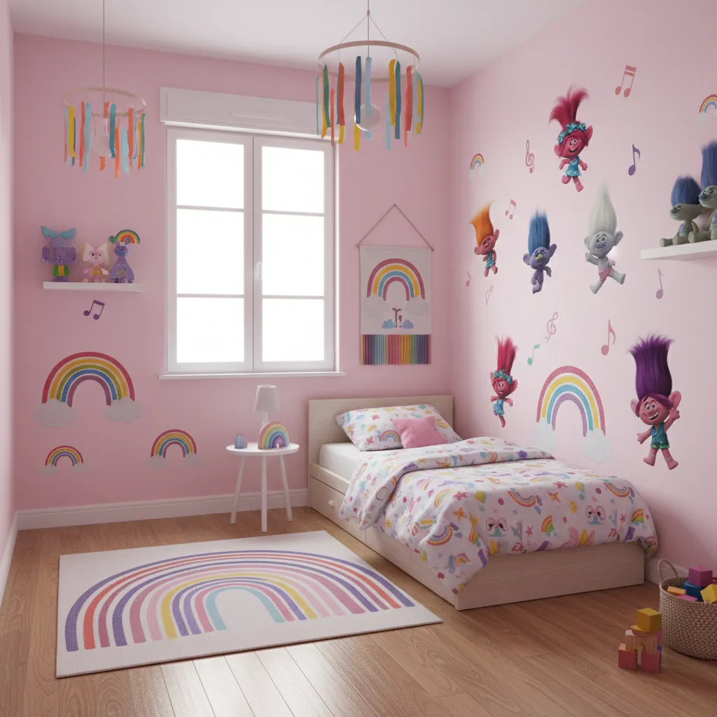 Small kids bedroom with Trolls wall decals and pastel color palette
