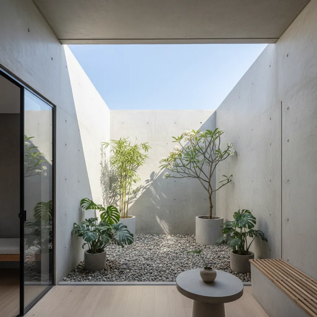 Sân sau nhà ống nhỏ với cây xanh và ánh sáng tự nhiên