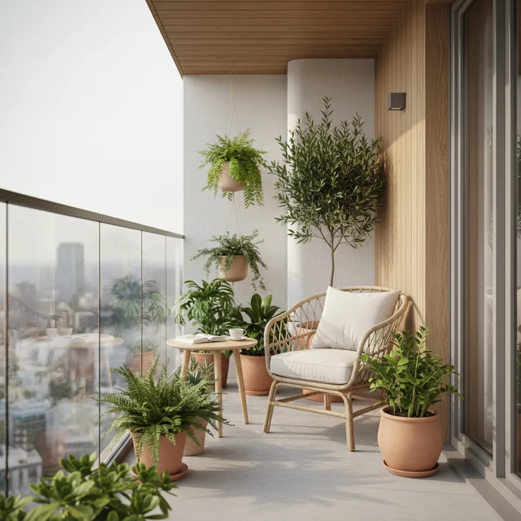 Modern balcony with wood wall panel, woven chair, small wooden table, green plants, glass railing