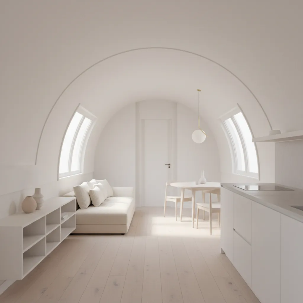 Minimalist white room with arched ceiling sofa dining table kitchen cabinet and light wood floor