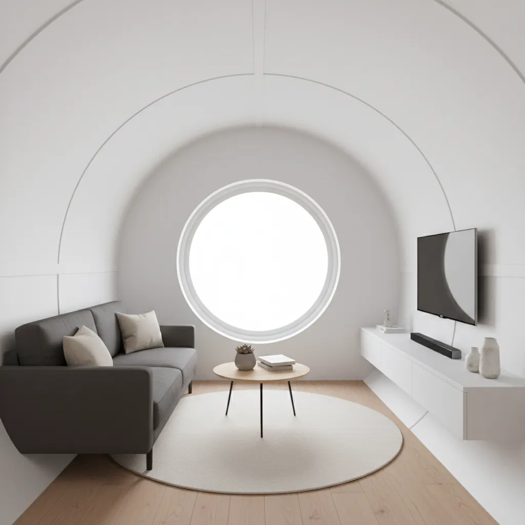 Phòng khách nhà ống nhỏ với sofa băng và bàn trà nhỏ