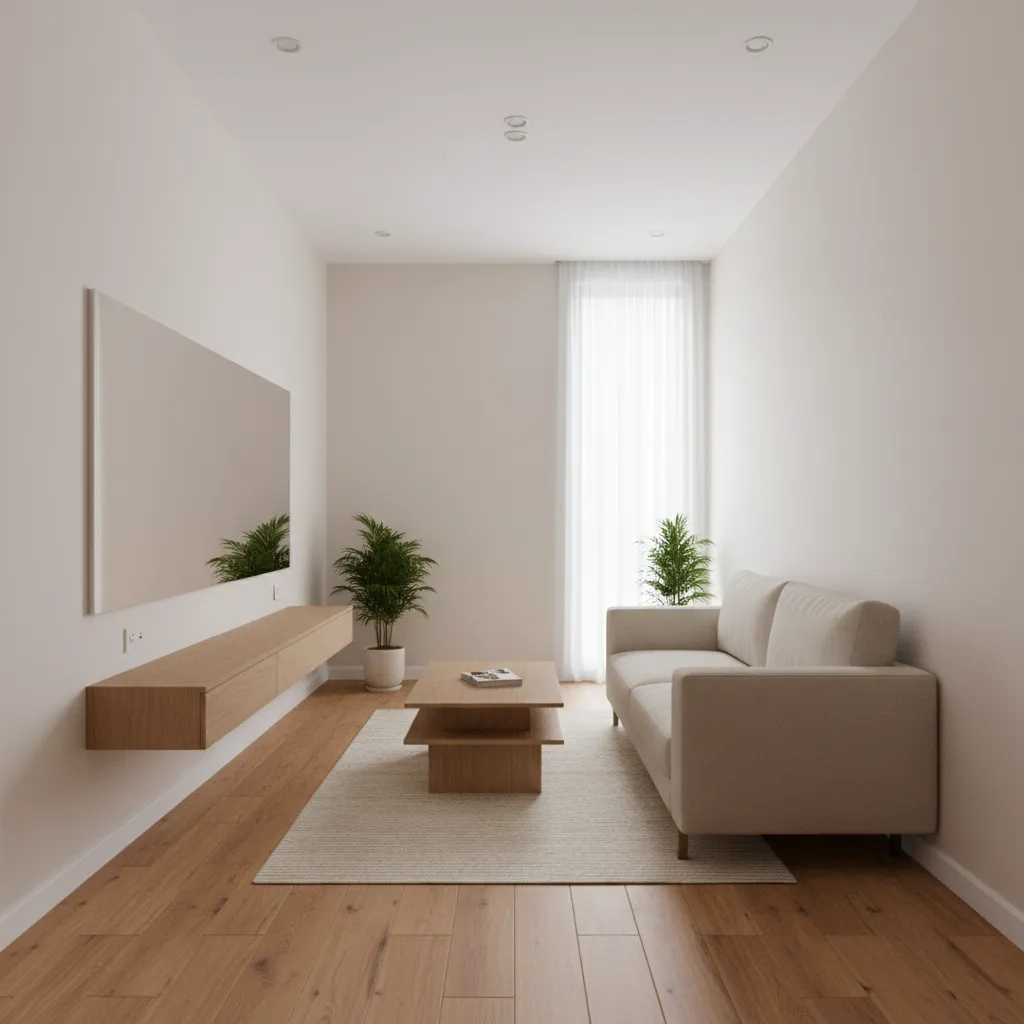 Minimalist living room with beige sofa wooden coffee table floating cabinet plants and white walls