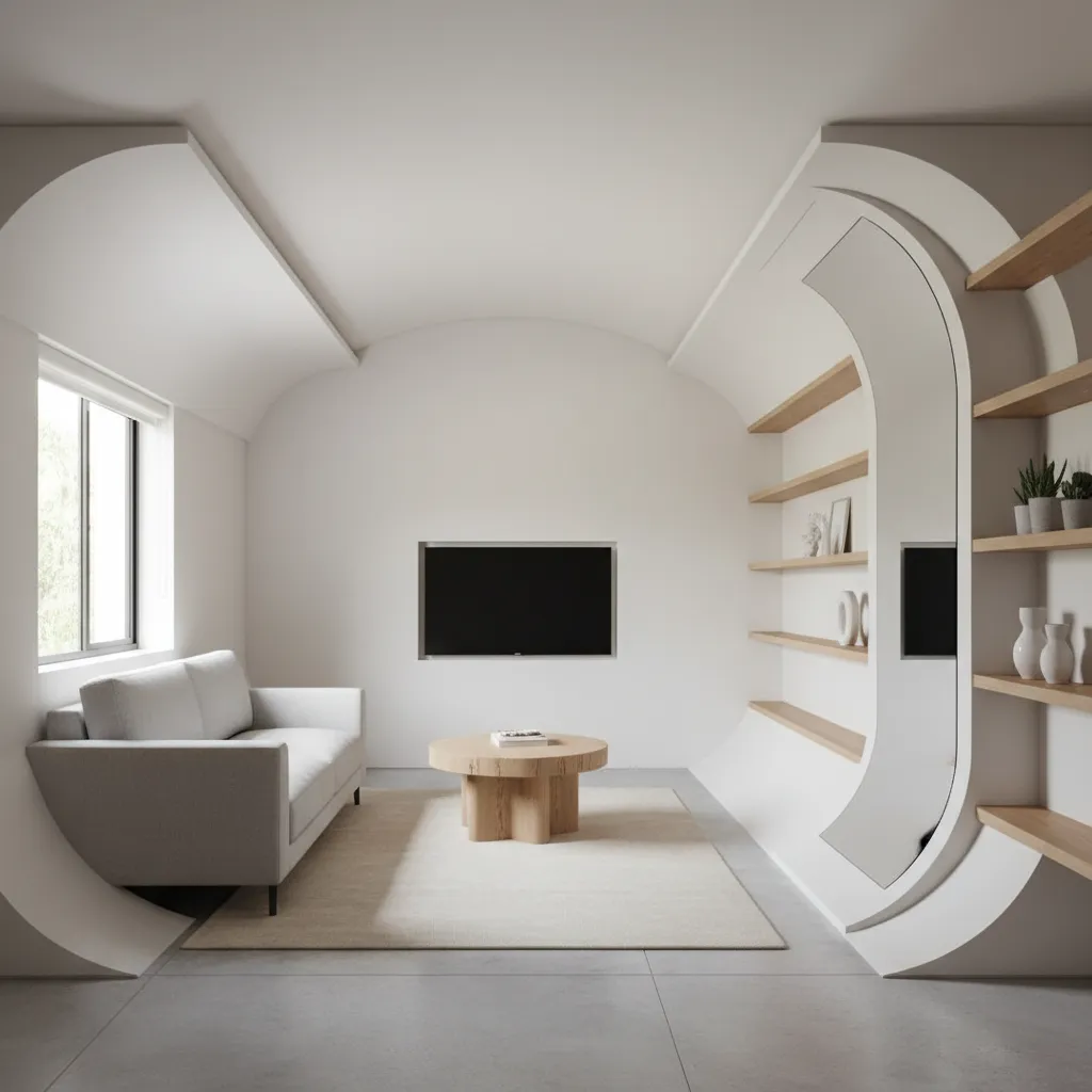 Phòng khách nhà ống nhỏ với sofa gọn và bàn trà nhỏ
