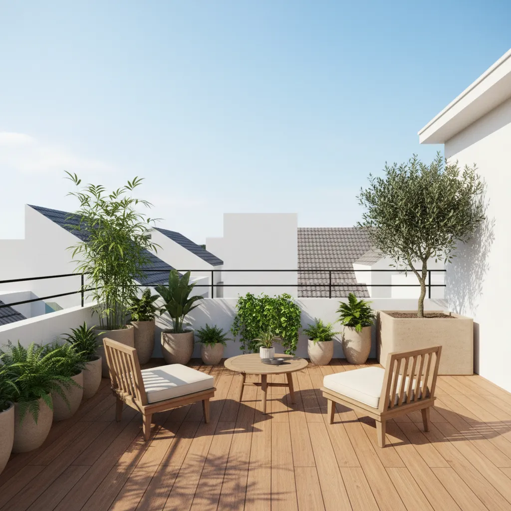 Sân thượng nhà ống nhỏ được thiết kế với ghế và cây xanh