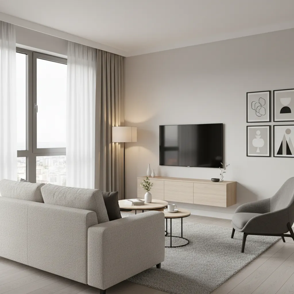 Neutral living room featuring a floating wooden cabinet, wall mounted TV, grey sofa, and tables