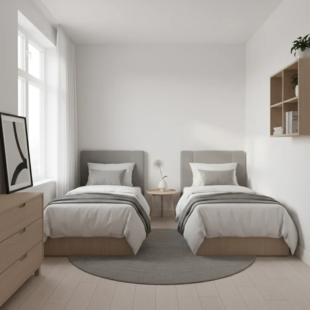 Small twin bedroom with light color theme and optimized layout