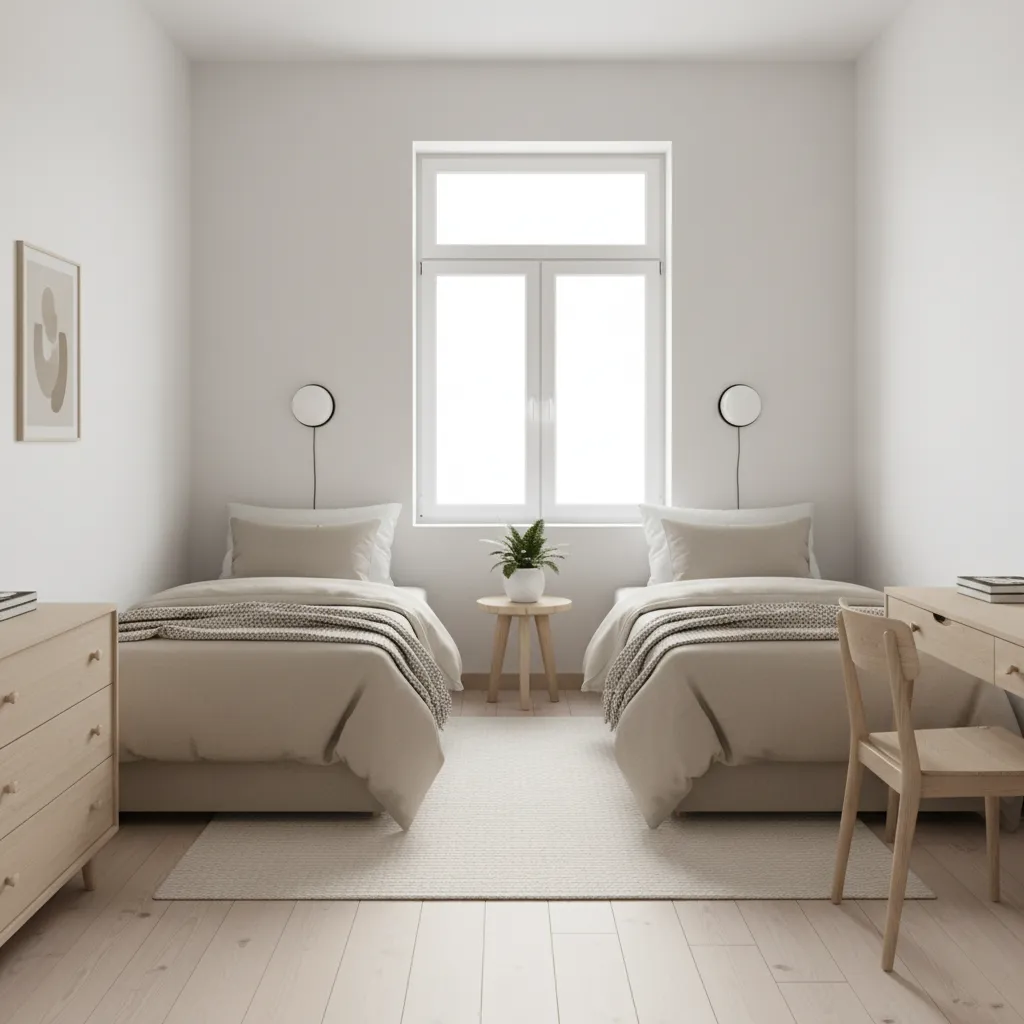 compact twin bedroom with soft neutral color palette and two aligned beds
