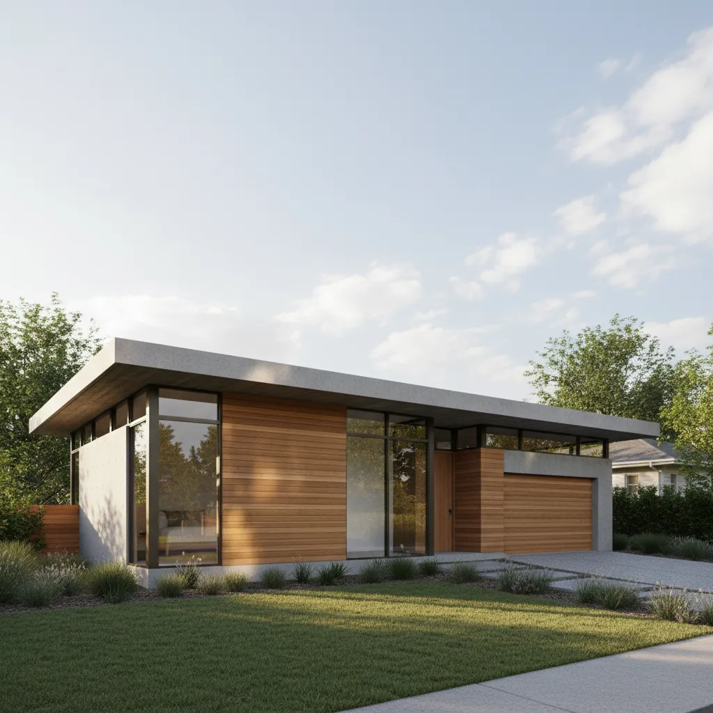 Exterior de una casa moderna pequeña con dos dormitorios
