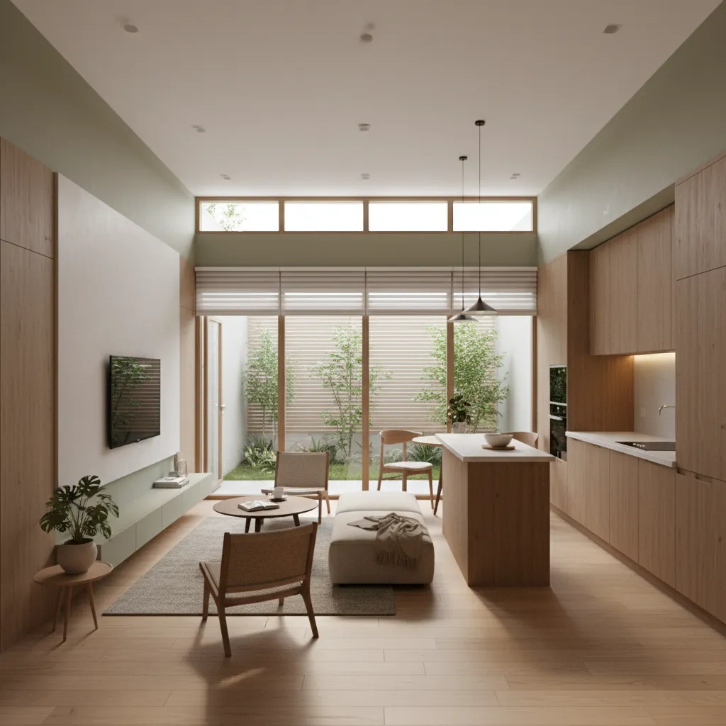 Không gian phòng khách và bếp mở trong nhà cấp 4 hai phòng ngủ