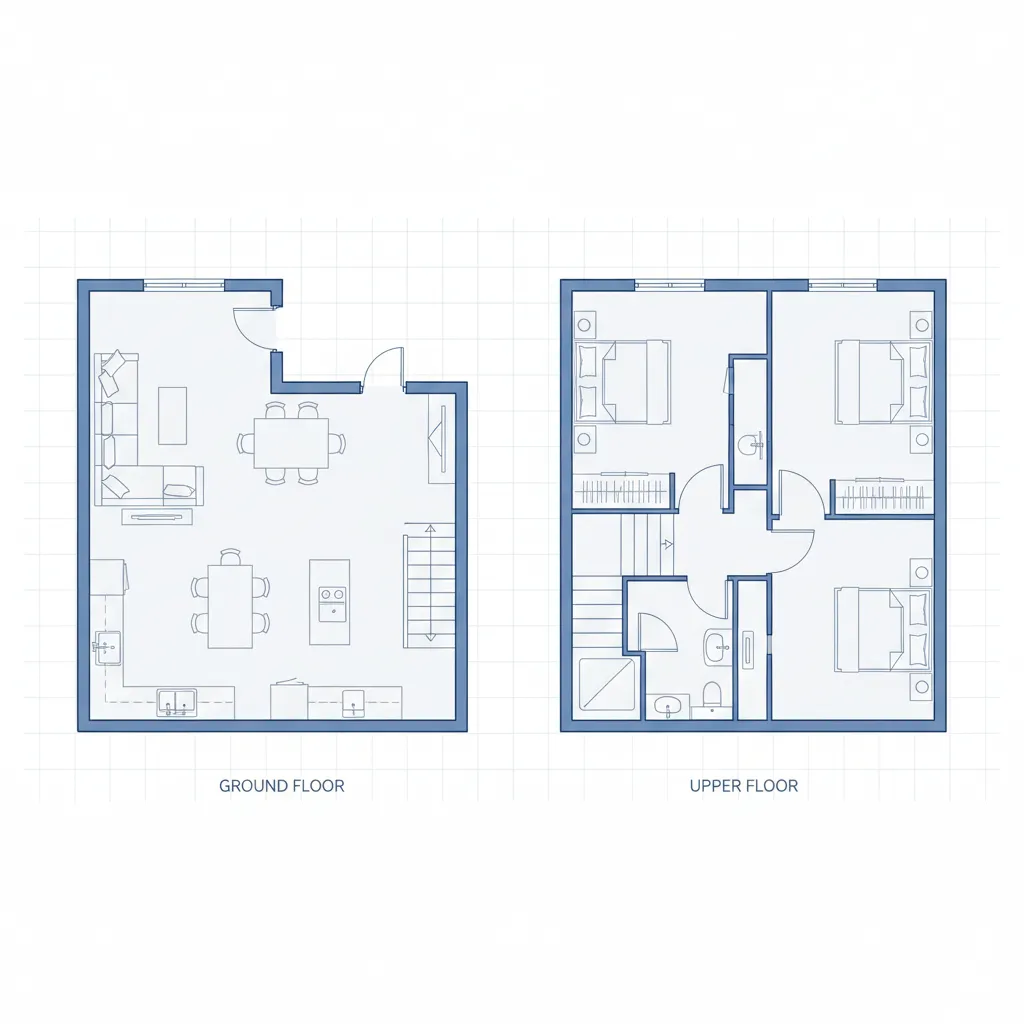 Interior design drawing showing ground floor living areas and upper floor bedrooms for small house