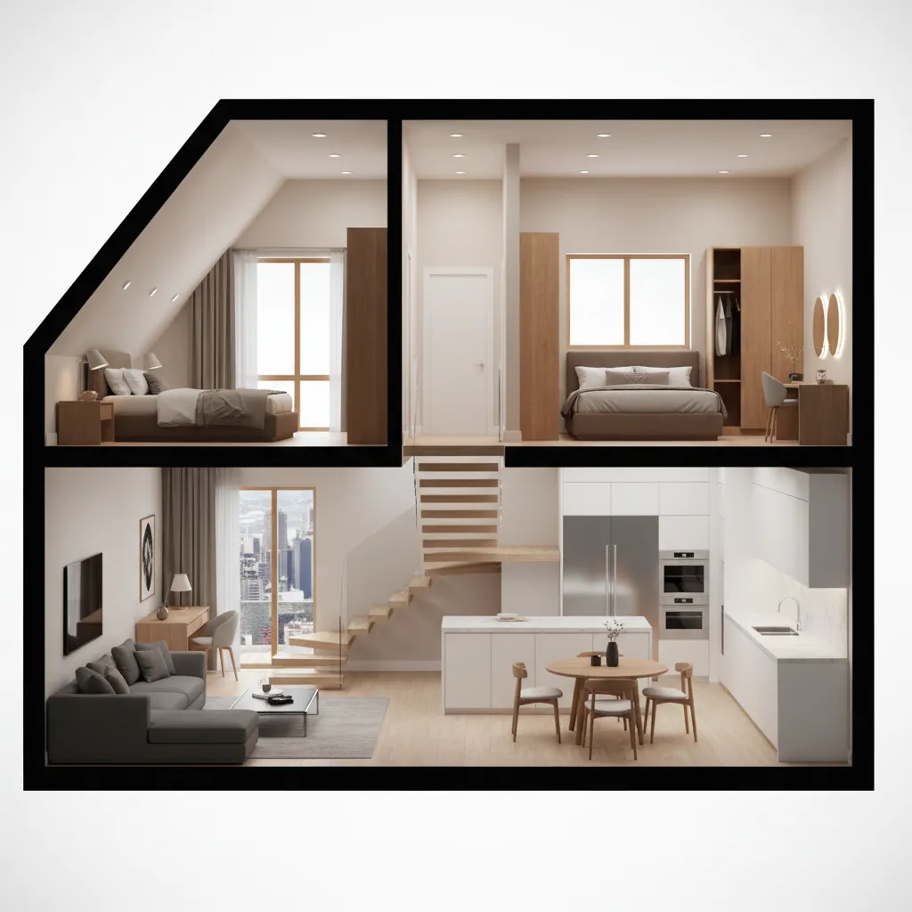 cutaway diagram showing two levels of a small two story house layout