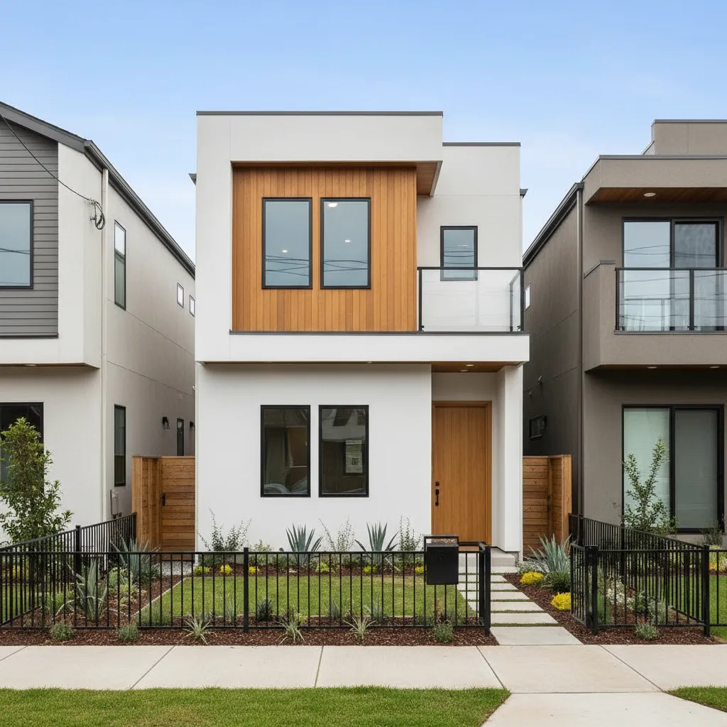 Modern two story house with white walls wood panels black windows glass balcony and front garden