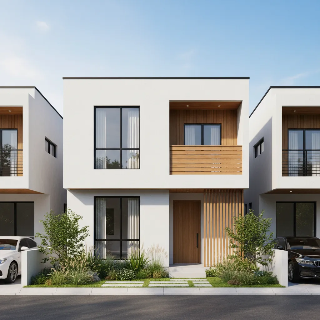 Modern white houses with wood panels, black windows, small front gardens, and two parked cars
