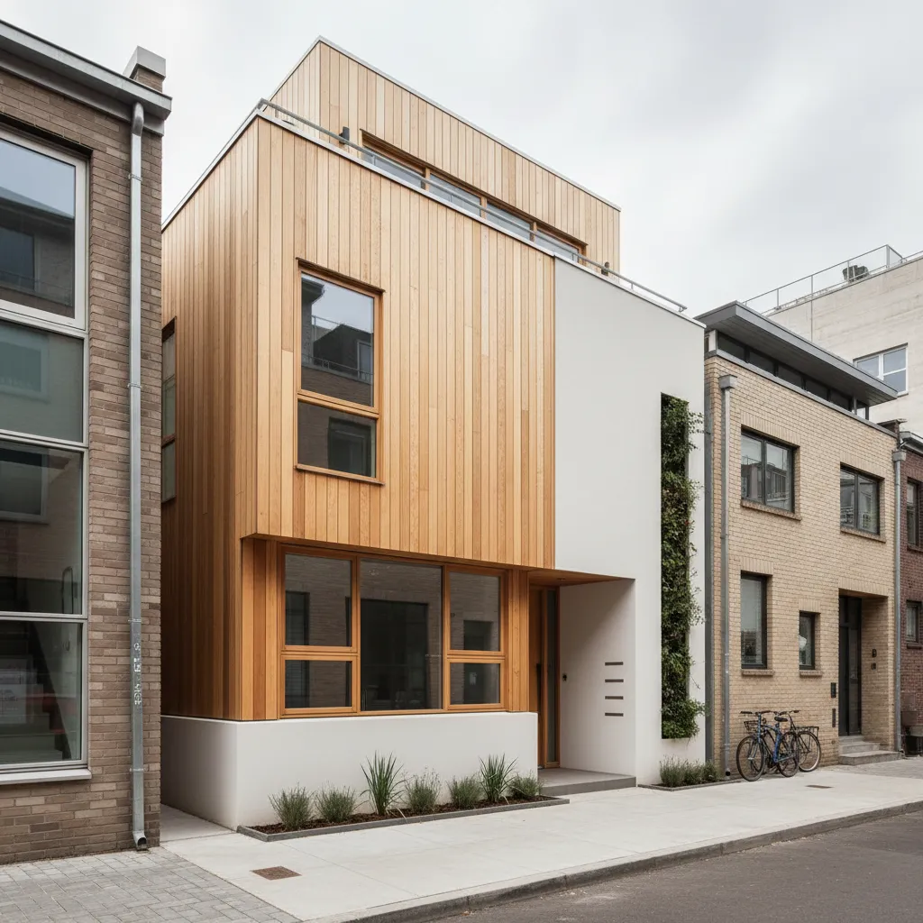 Casa pequeña moderna de dos plantas en un terreno urbano