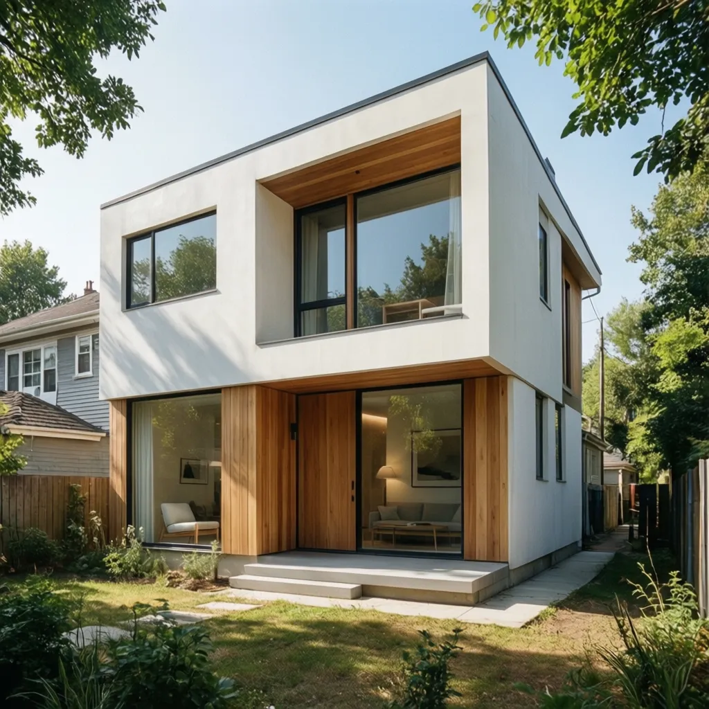 Exterior de casa compacta de dos pisos con diseño moderno