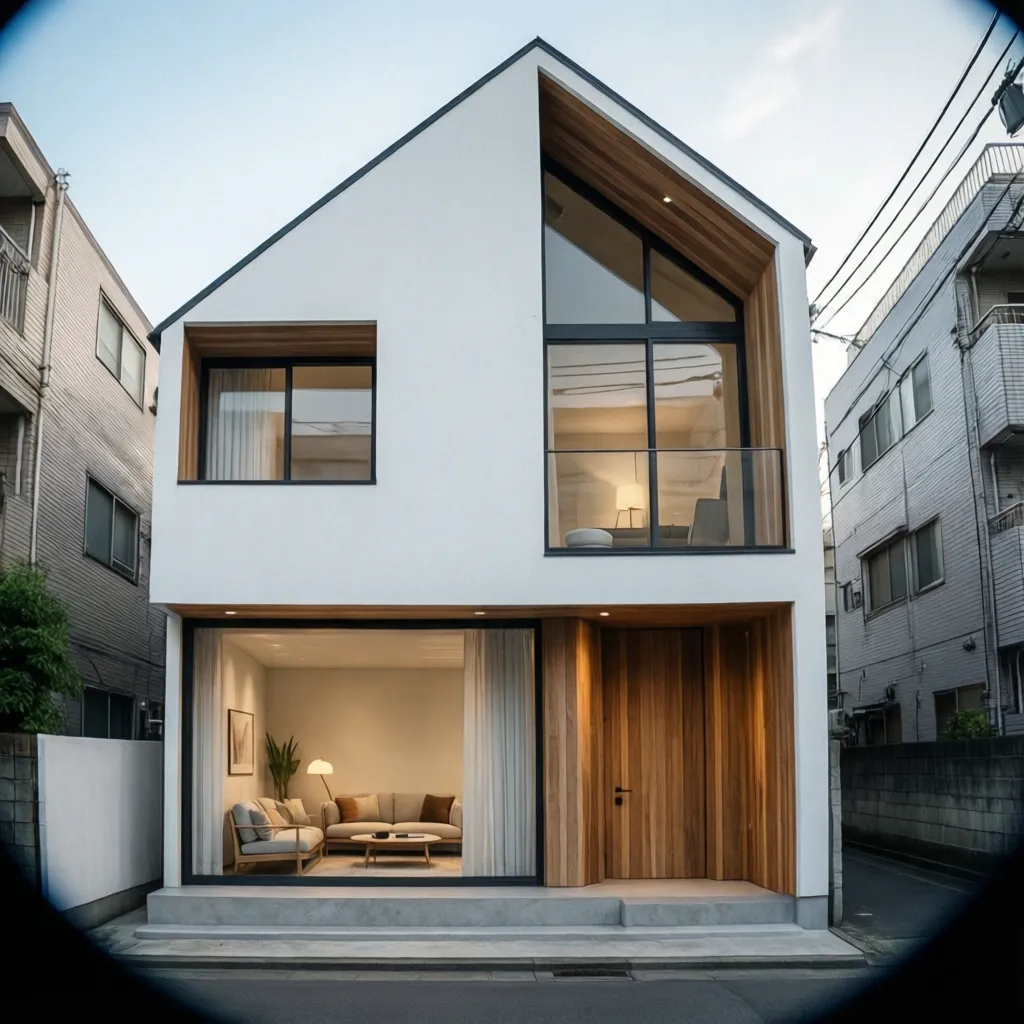 Fachada moderna de casa pequeña de dos plantas