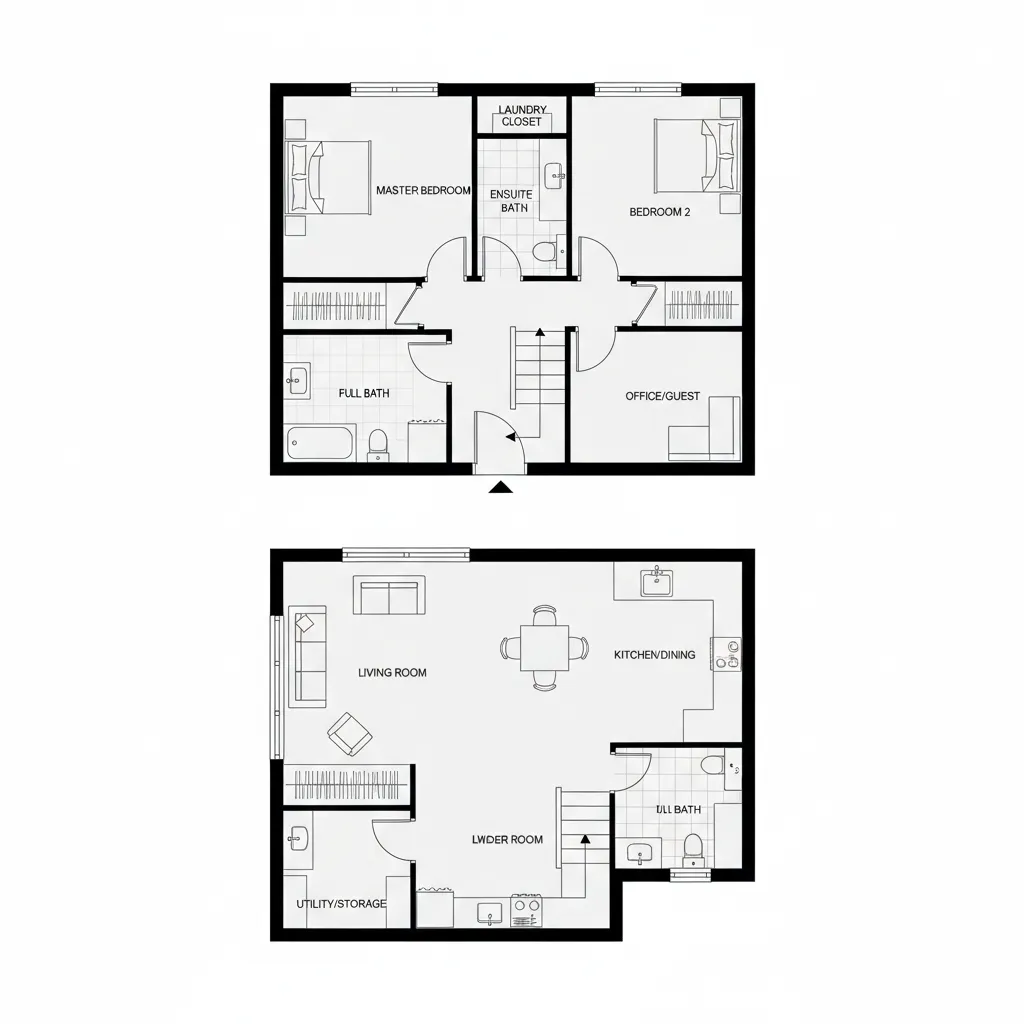Plano arquitectónico de casa pequeña de dos plantas con distribución eficiente